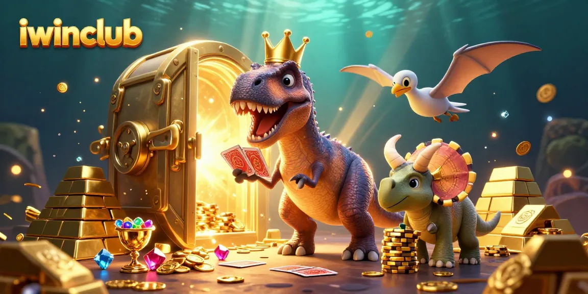 iwinclub features a playful T-Rex shuffled cards at a vibrant casino scene filled with gold and gems.