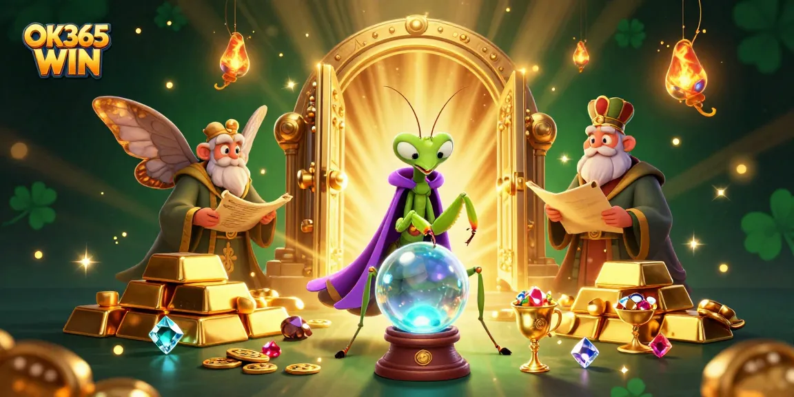 Experience the magic at OK365 WIN with a 3D cartoon illustration featuring a fortune teller and a librarian.