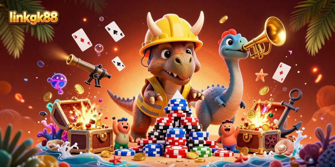 Engage with linkgk88 as a triceratops builds a poker chip pyramid, amidst colorful casino elements and cheering compys.