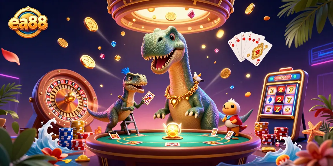 Experience excitement at ea88 with a vibrant 3D casino scene showcasing dynamic card dealing and cascading gems.