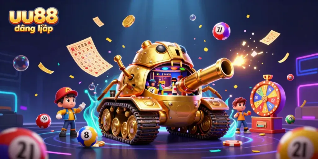 Experience the excitement of uu88 đăng nhập in a vibrant casino-themed 3D illustration.
