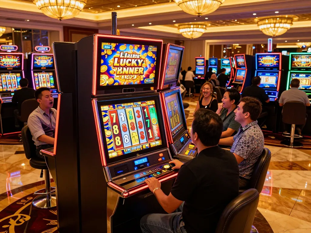 Players celebrating wins on the Lucky 88 slot machine in an upscale casino atmosphere.
