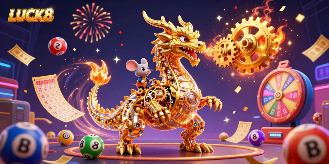 Engage with LUCK8's vibrant casino adventure featuring a golden dragon and dynamic lottery elements.