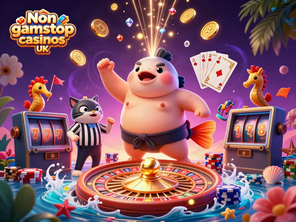Explore the vibrant scene of Non gamstop casinos UK with fugu, catfish, and seahorse in a dynamic gambling environment.