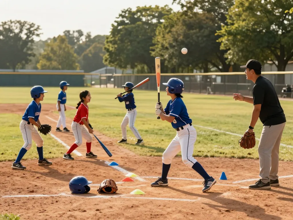 Young athletes training at hitclub baseball field with coach during afternoon practice.