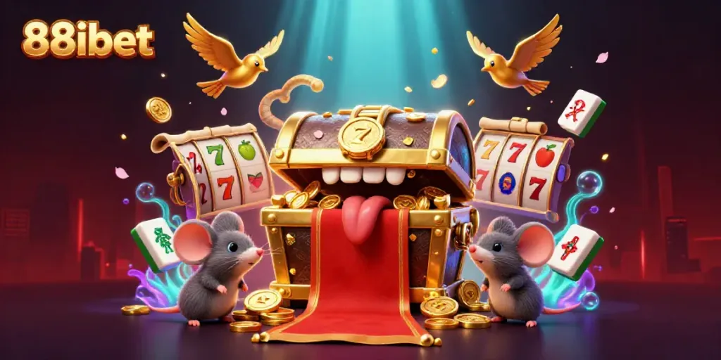 Win big with 88ibet in this vibrant casino scene showcasing a treasure chest attracting adventurer mice.