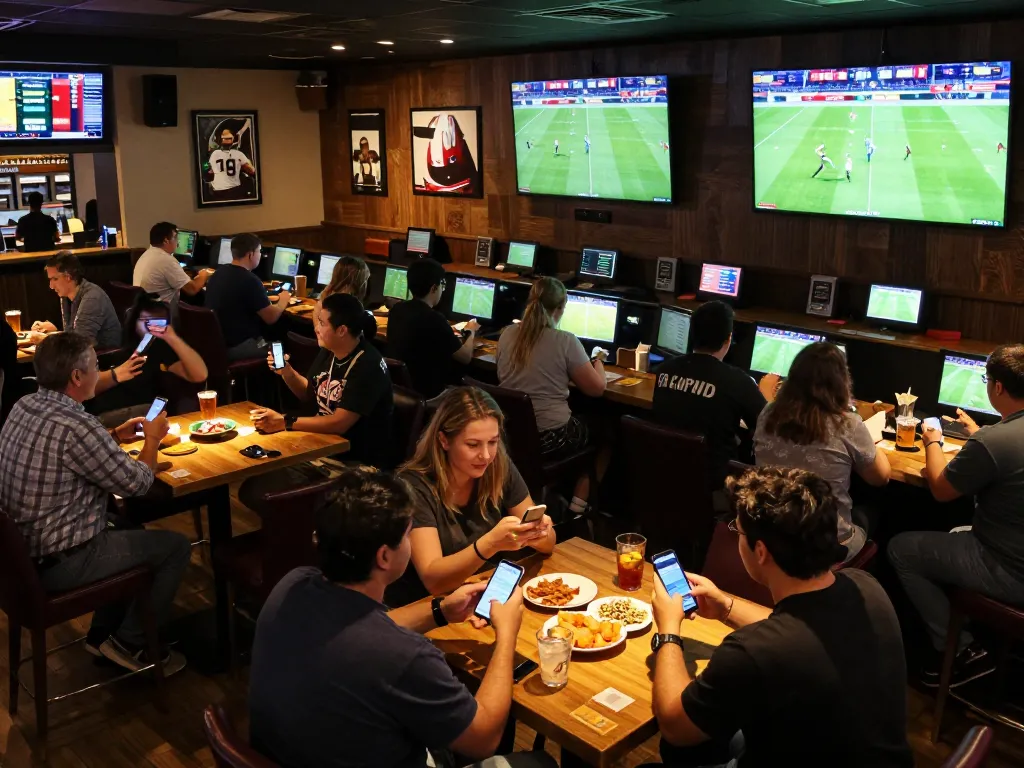Xoilac users engaging in live betting at a vibrant sports bar, showcasing excitement and social interaction.