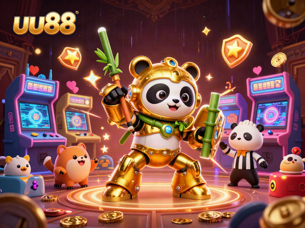 Engage with uu88's vibrant casino experience, featuring a golden panda character in an exhilarating gaming arena.