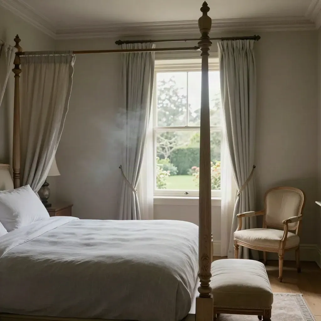 Luxury four-poster deluxe bedroom with garden window, linen bed, chair and ottoman in soft morning light