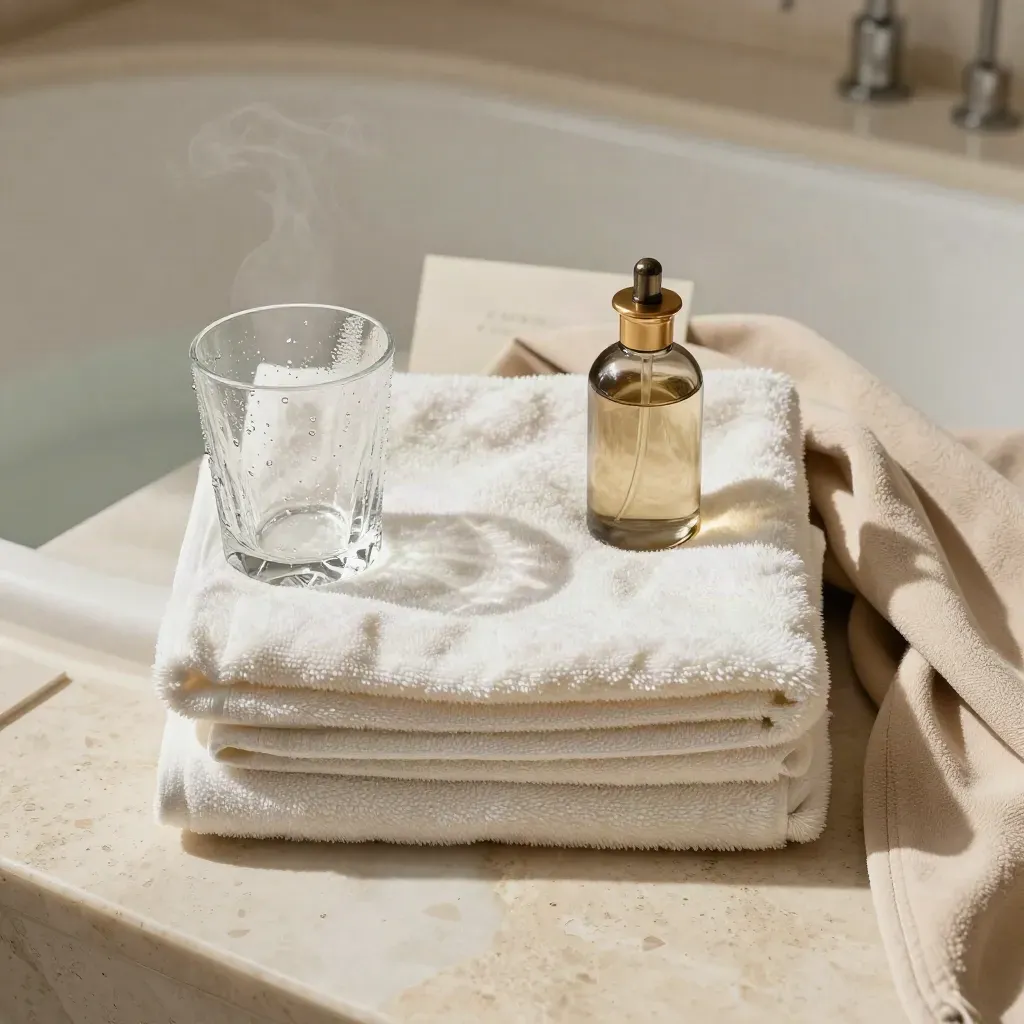 Overhead bath suite flatlay with towels, tumbler, oil bottle, robe fabric and steam.