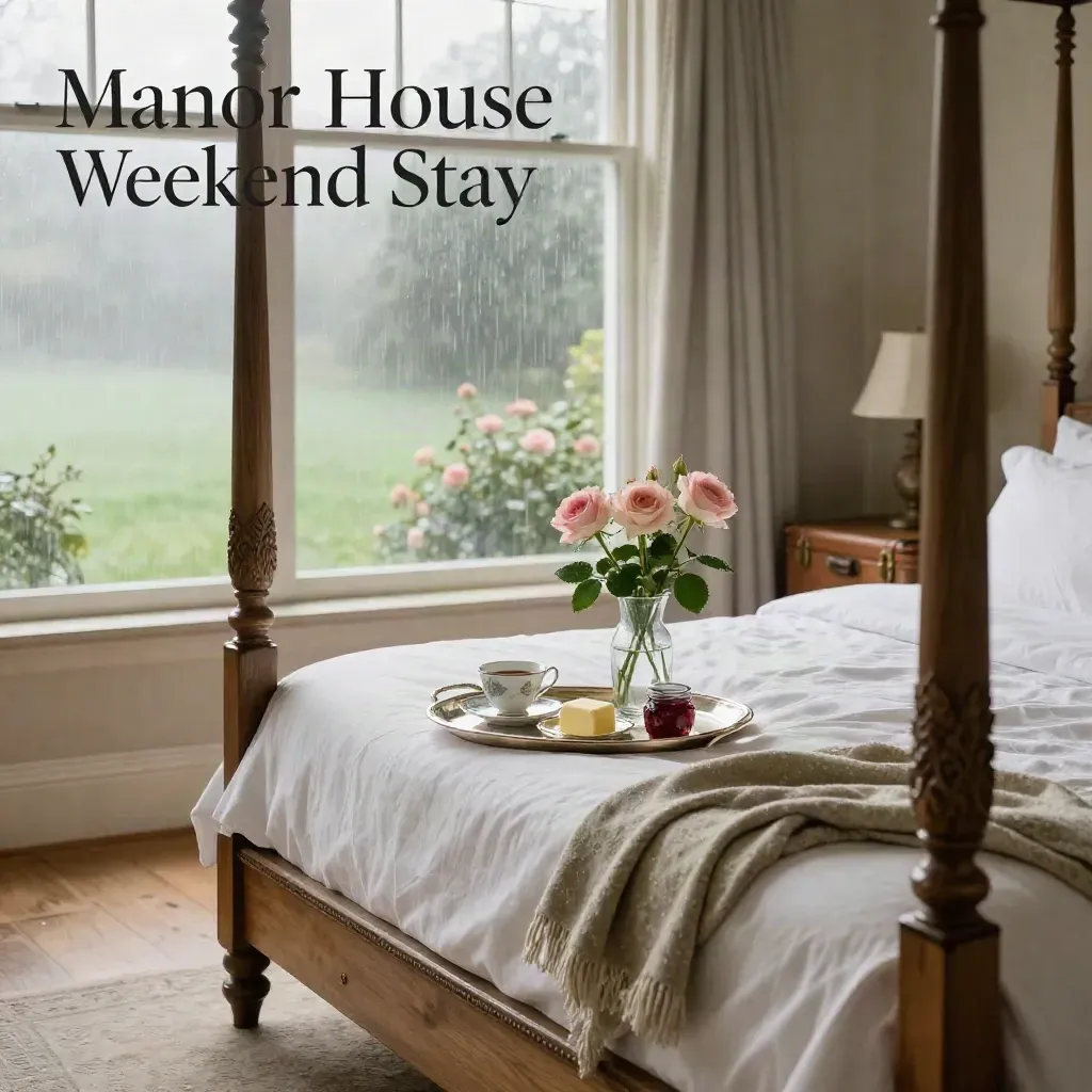 Rainy dawn manor suite with breakfast tray, bed linen, roses, leather case and misty garden light