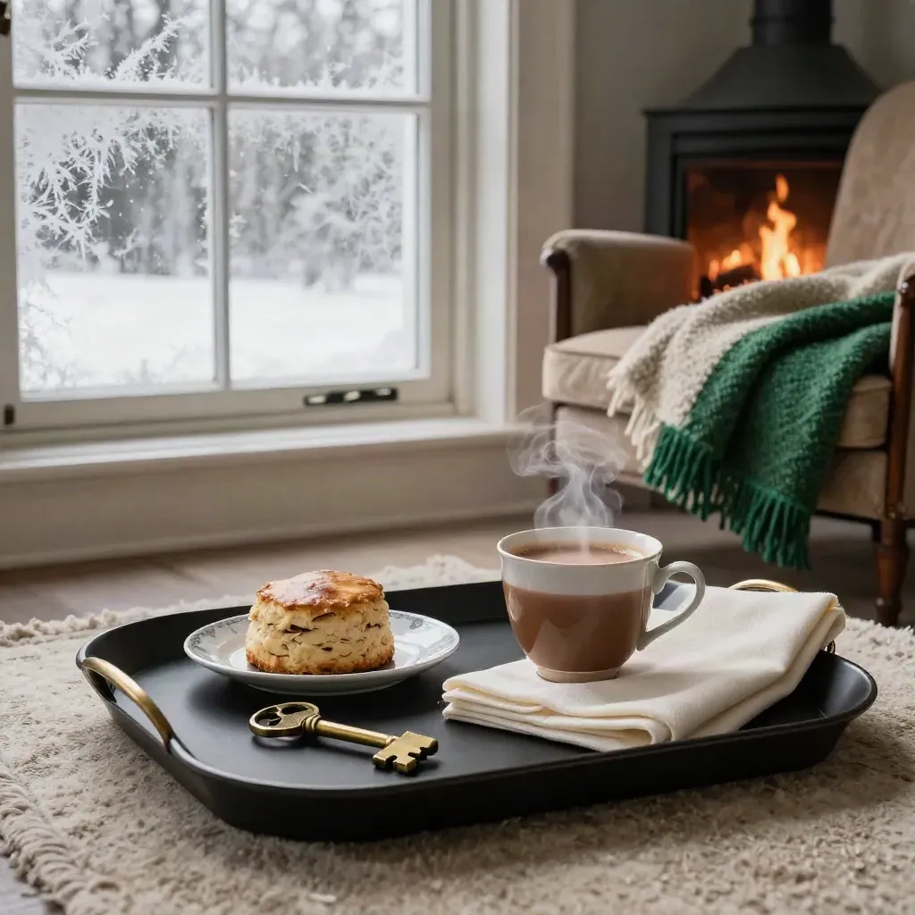 Brass key, cocoa, scones and blanket on a tray by a firelit armchair and frosted window.