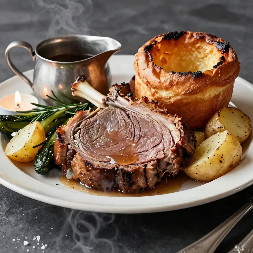 Close-up roast lamb Sunday lunch with vegetables, Yorkshire pudding, gravy boat and candle.