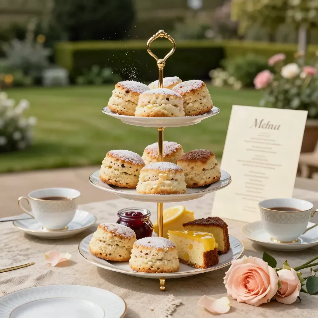 Tiered afternoon tea stand with scones, lemon cake, cups, and roses on a terrace table