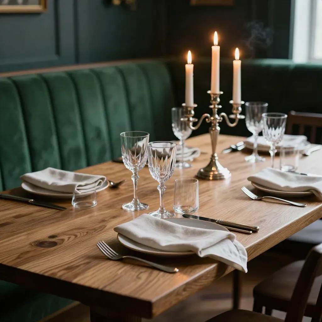 Candlelit oak dining table set with crystal stemware, silver candelabra, and linen napkins.