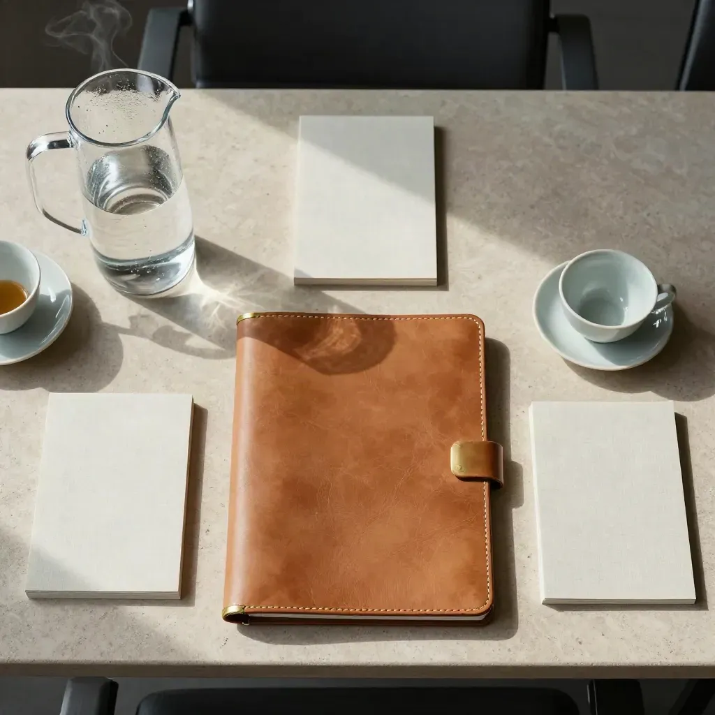 Overhead boardroom retreat flatlay with folio, tea service, water jug, and face-down cards