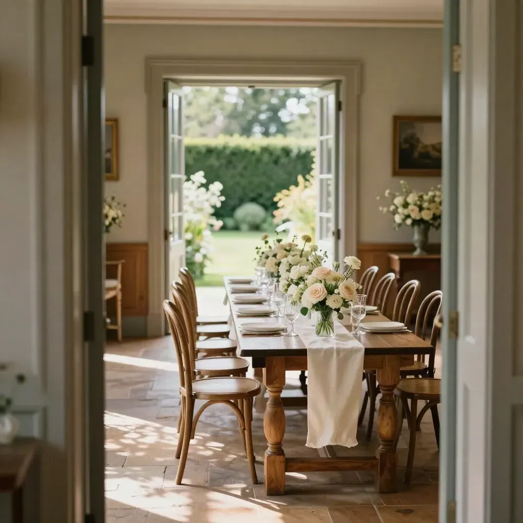 Oak wedding room with long table, pale florals, chairs and garden doors in soft daylight.