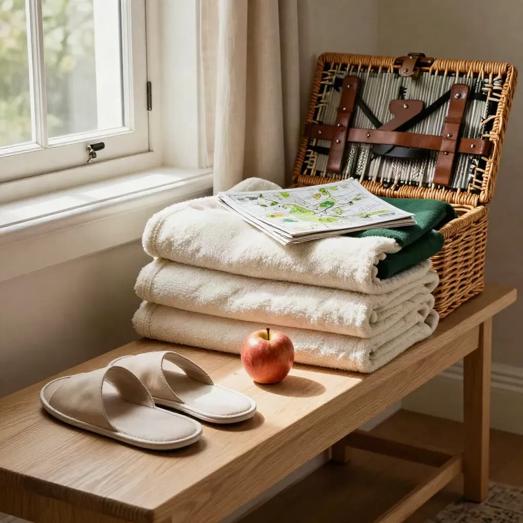 Family suite essentials by a window: blankets, slippers, basket, apple and folded garden map.