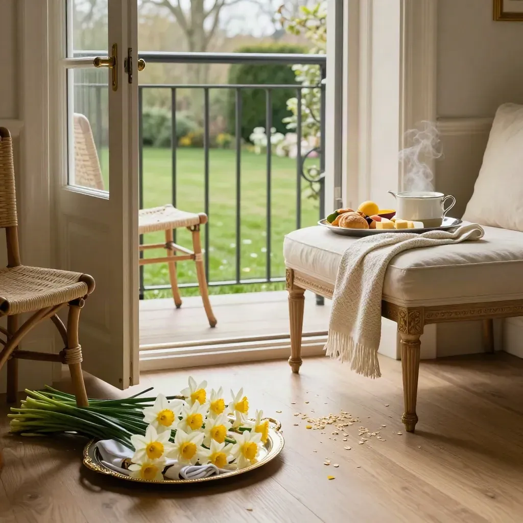 Daffodils, balcony door, breakfast tray and folded throw in a bright spring hotel suite.