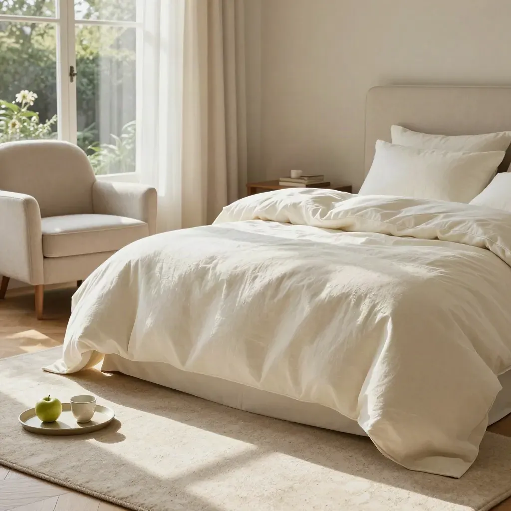 Garden view double room vignette with open sash, folded duvet, armchair and tray.