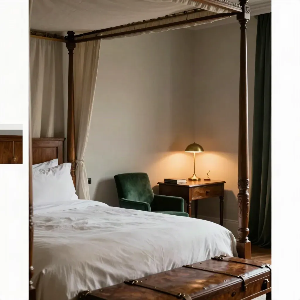 Elegant four-poster suite with velvet chair, lamp glow and luggage bench