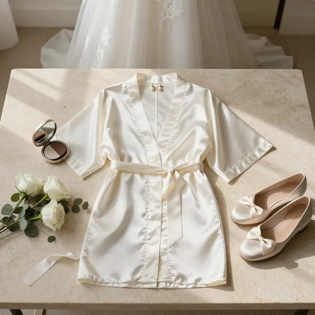 Ivory bridal robe, pearls, mirror, flowers and satin shoes in an overhead flatlay.