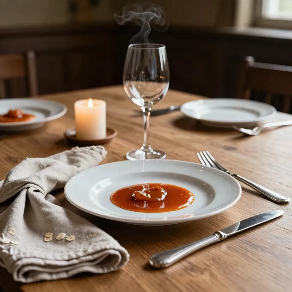 Oak-room dinner vignette with plated course, wine, linen, candle and cutlery in warm manor light