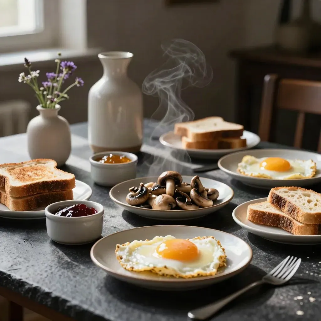 Country brunch spread with eggs, mushrooms, sourdough, preserves and wildflowers on a dark table.