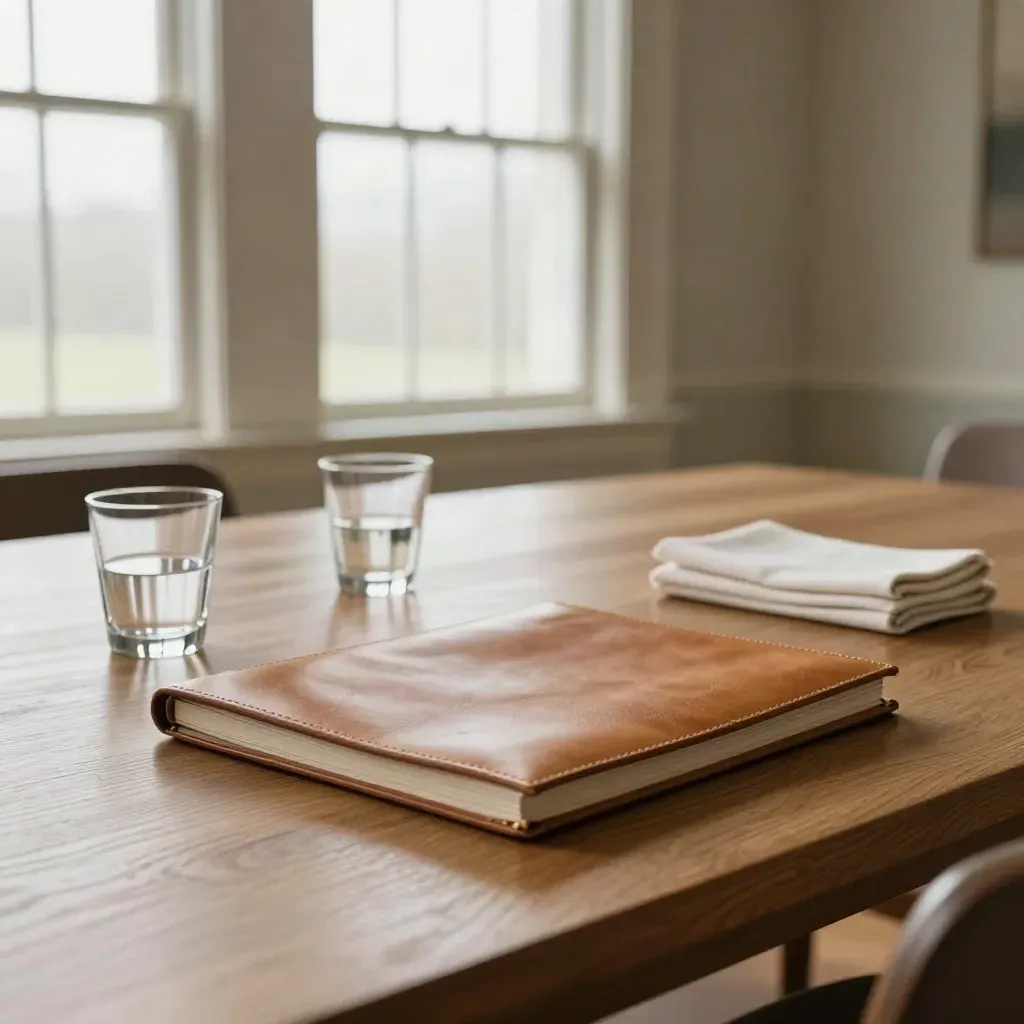 Low-angle manor retreat day room setup with leather folio, water glasses and linen napkins.