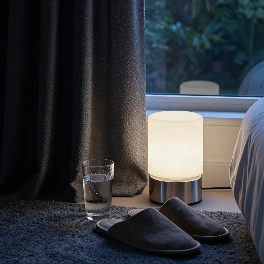 Curtain, lamp, water glass, and slippers in a moonlit suite with garden reflection.