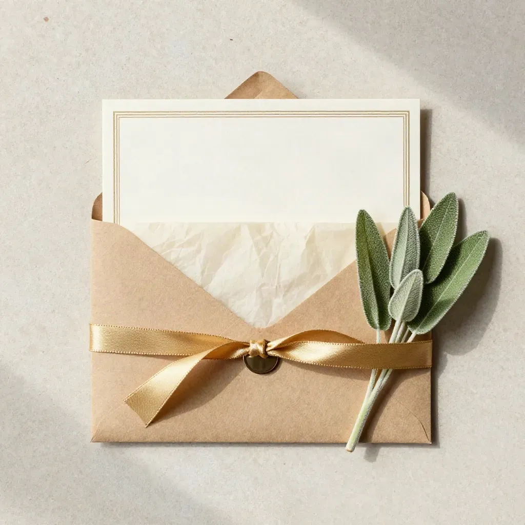Top-down flatlay of a kraft envelope, ribbon, tissue, greenery and voucher card.