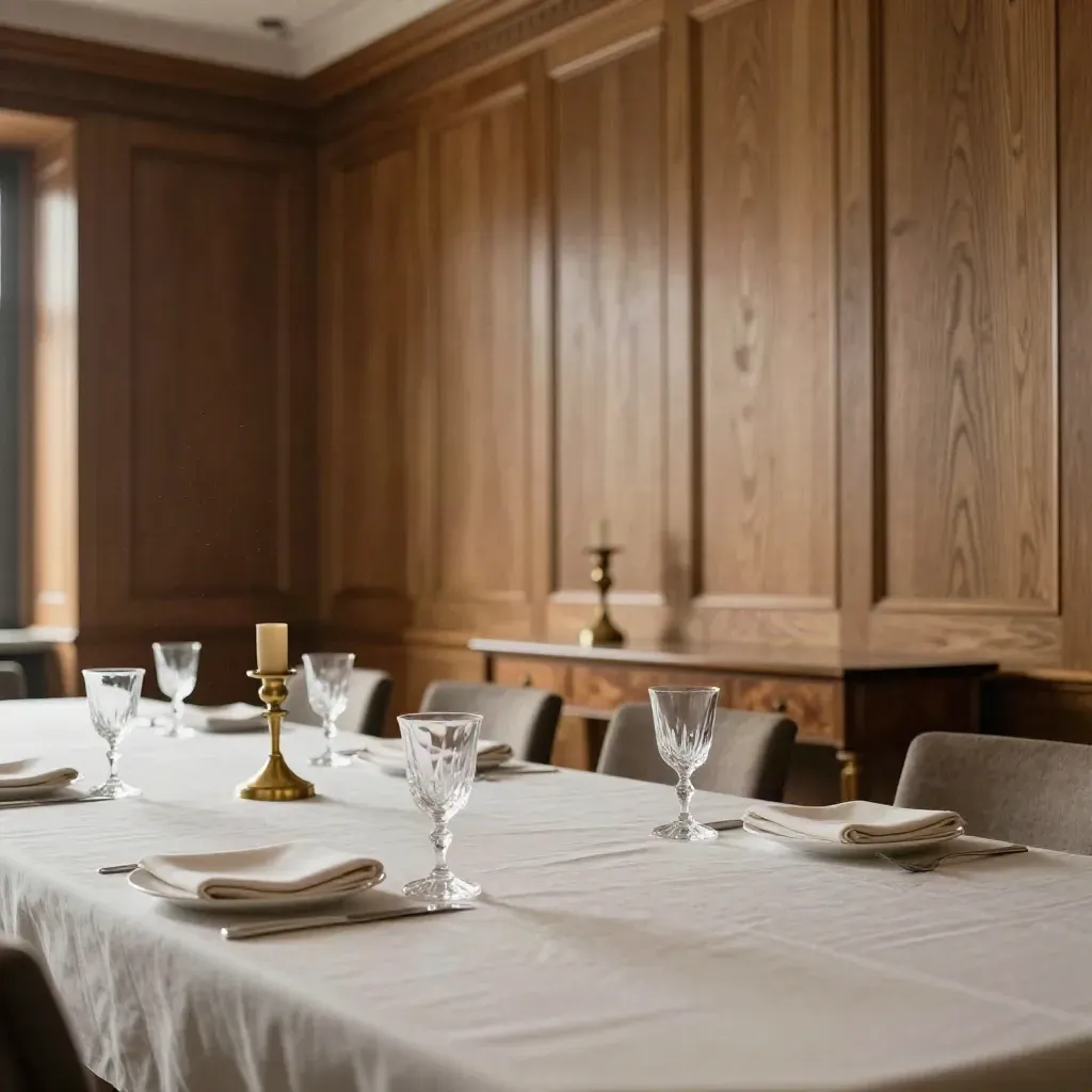 Oak-panel private dining room set with brass candlesticks, crystal stems, and ivory napkins