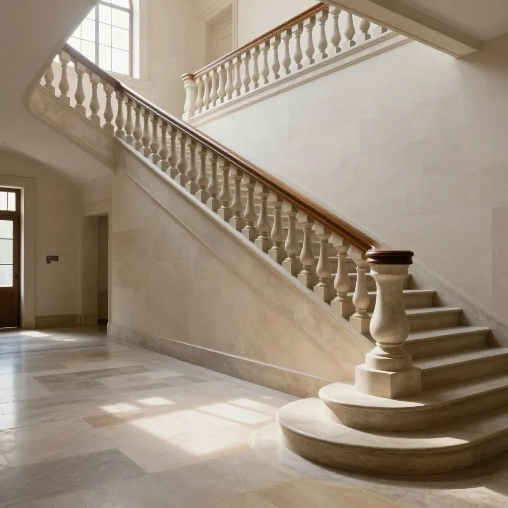 Grand manor stair hall with sunlit balustrade, pale plaster walls and calm stone floor