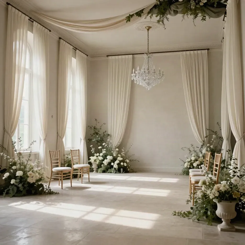 Manor reception room with drapes, florals, chair backs and chandelier sparkle