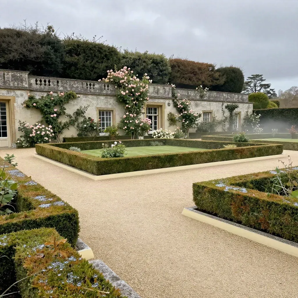 Rain-bright terraced manor garden with hedges, gravel path, and roofline in soft mist.