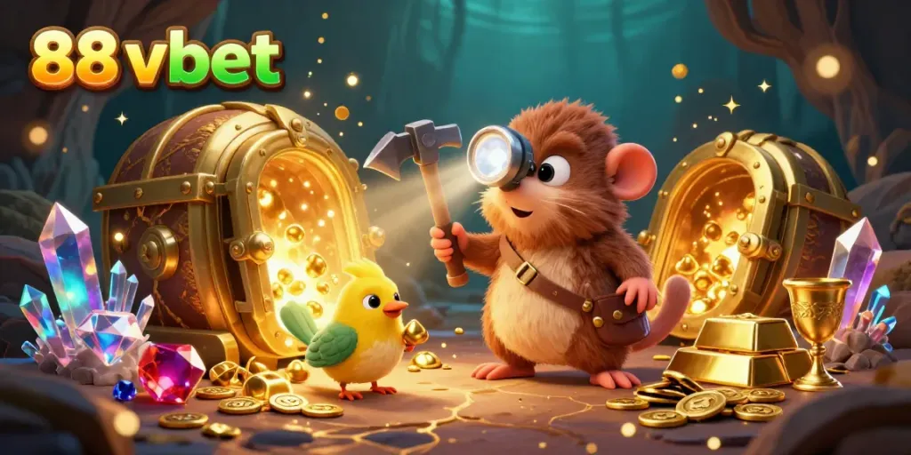 Experience the thrill of treasure hunting at 88 vbet with a cartoon mole and canary in a vibrant casino scene.