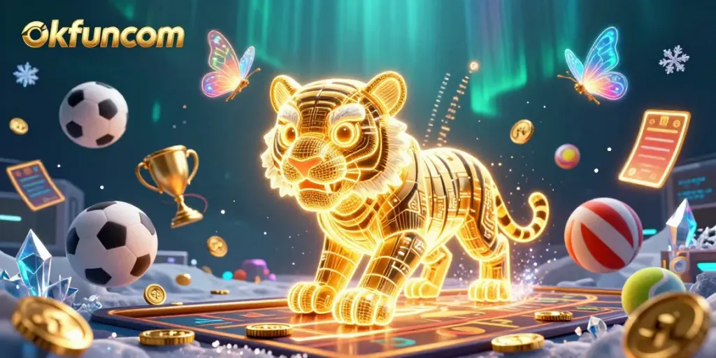 Play thrilling games at okfuncom's animated digital casino with golden tiger and sports elements.