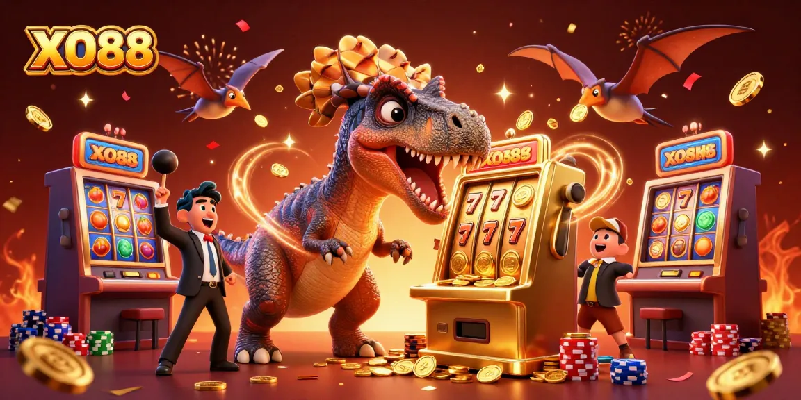 Watch XO88 come alive with a pachycephalosaurus hitting a slot machine for jackpot coins!