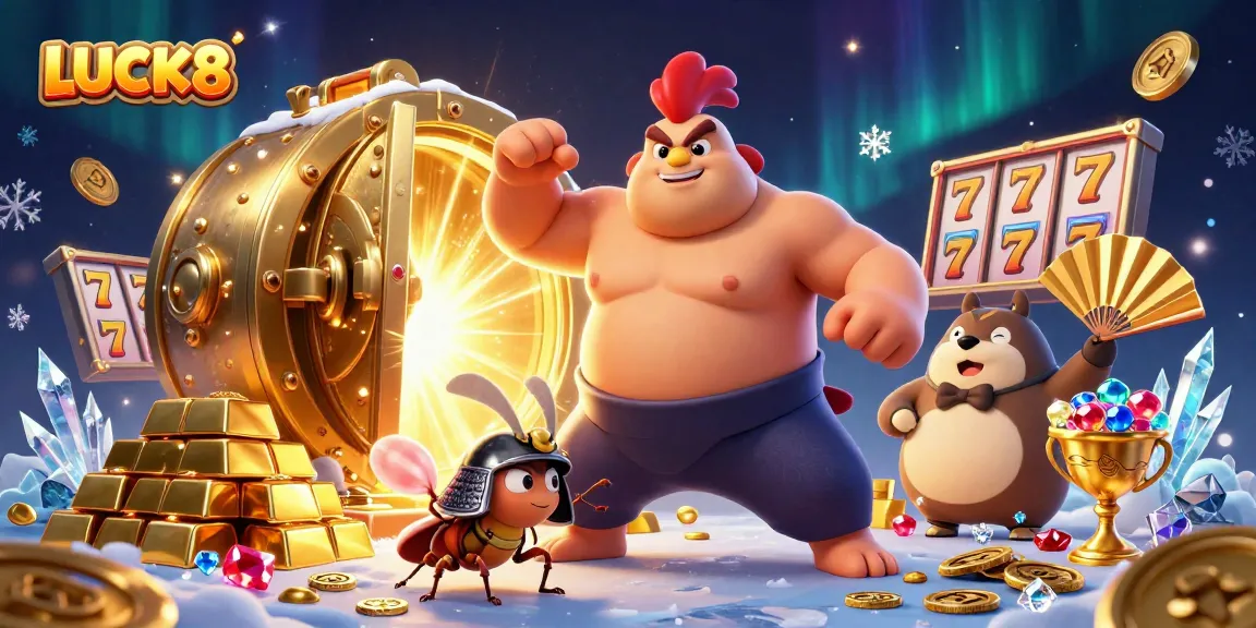 LUCK8 showcases an exciting sumo wrestler rooster stomping alongside casino-themed elements promoting winning strategies.