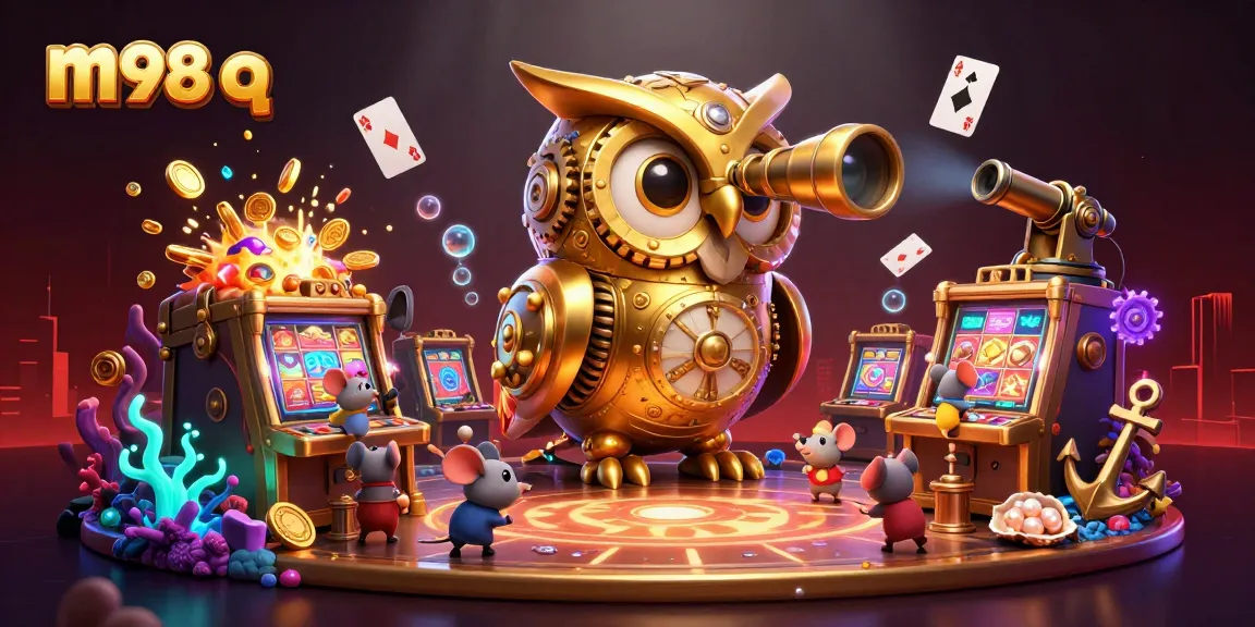 Experience the thrill of m98 q gaming with a golden owl overseeing a bustling casino scene.