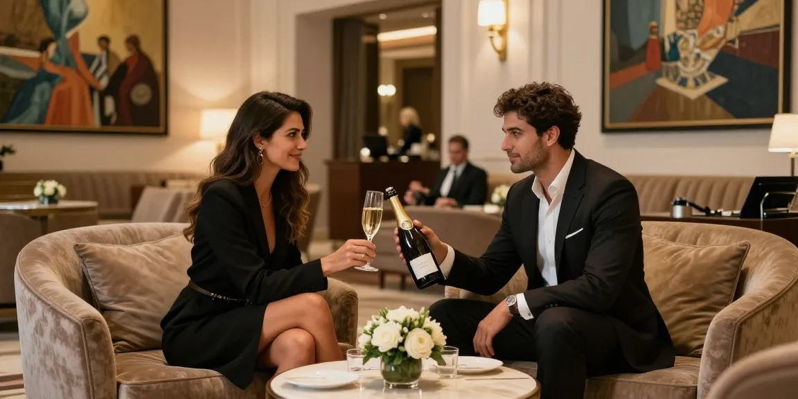 Antalya Eskort couple enjoying a luxurious moment in a classy hotel lobby.
