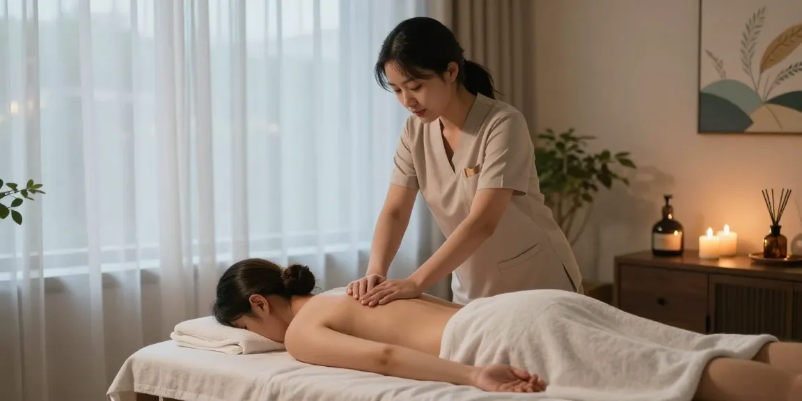 Relaxing 수지출장안마 scene with a therapist providing calming massage in serene environment.