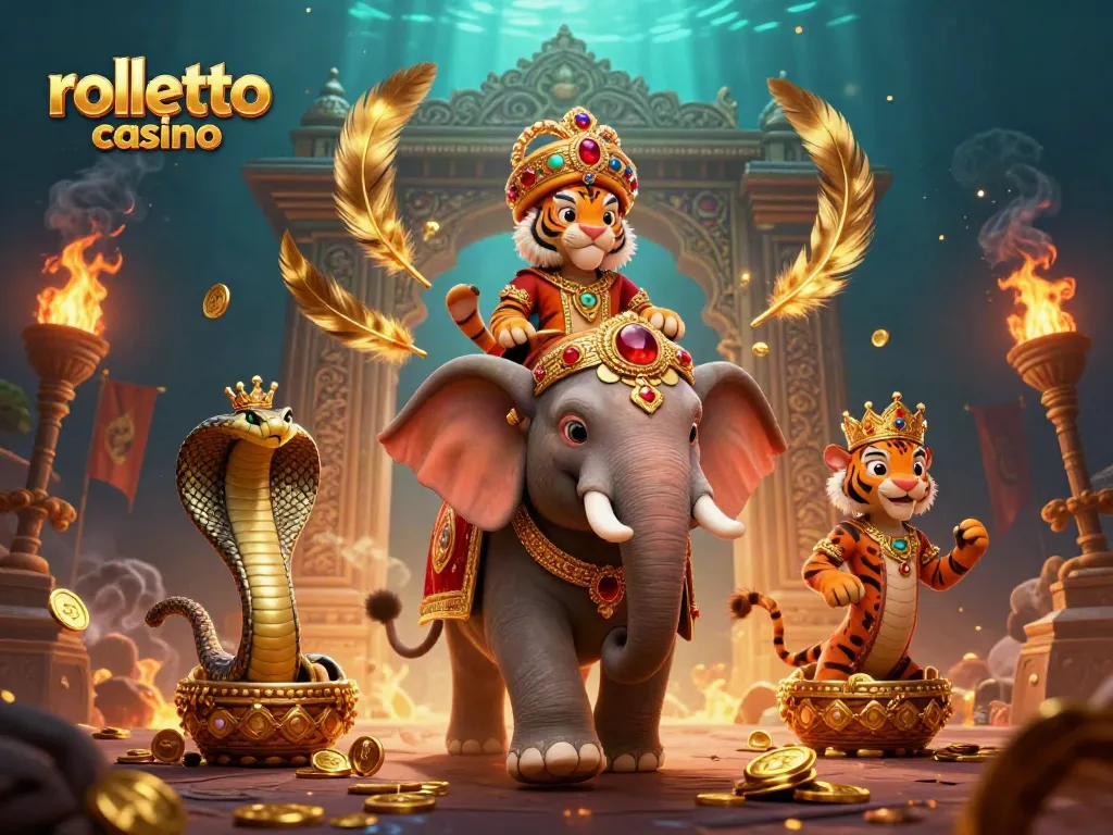 Engage with rolletto casino in a vibrant 3D scene with a maharaja tiger and colorful gaming elements.