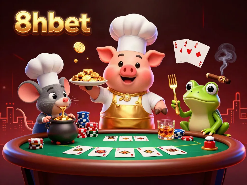 Enjoy thrilling gambling action at 8xbet with cartoon characters celebrating wins amidst dynamic casino elements.