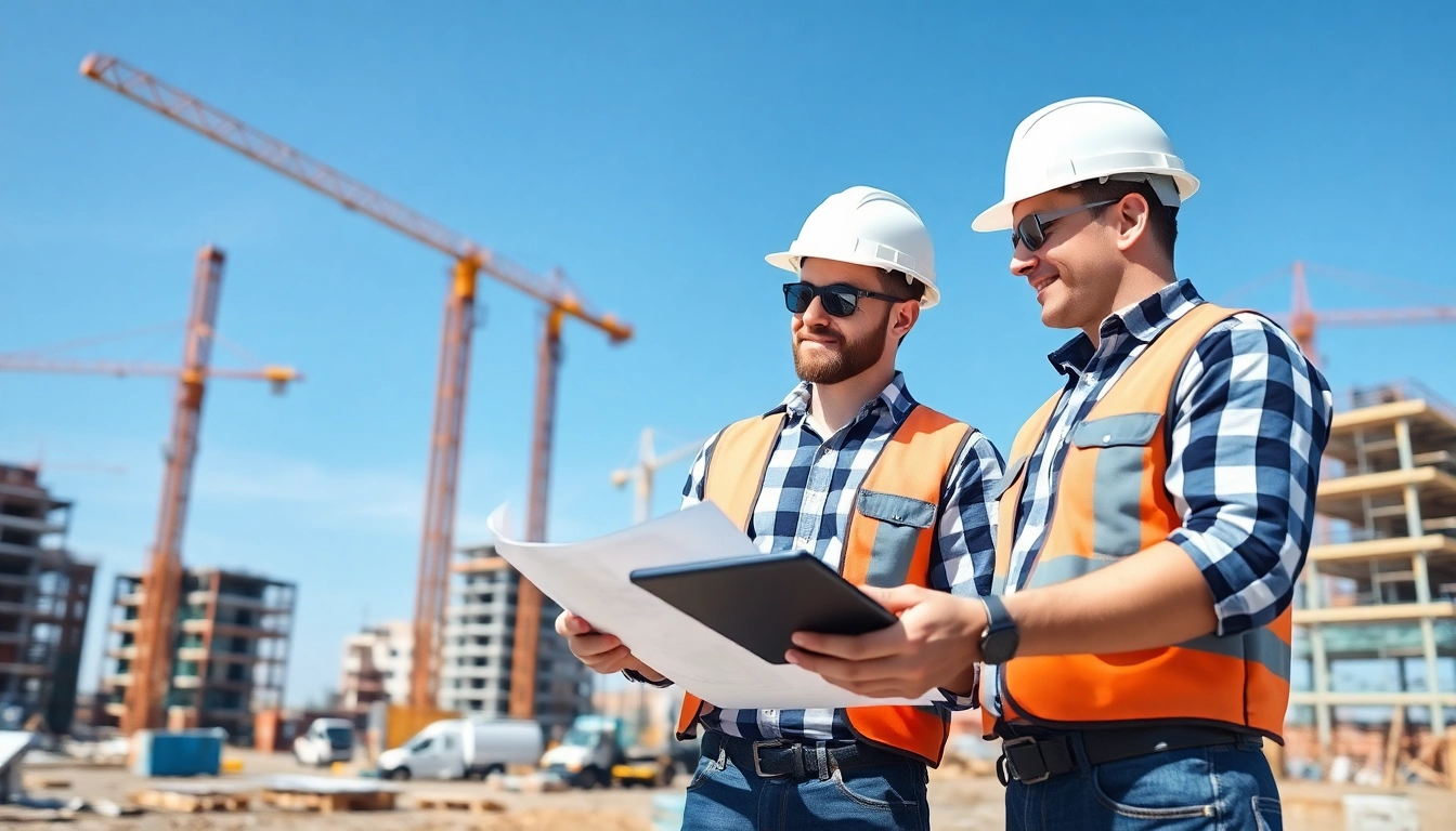 New Jersey General Contractor assessing plans on a construction site with colleagues collaborating.