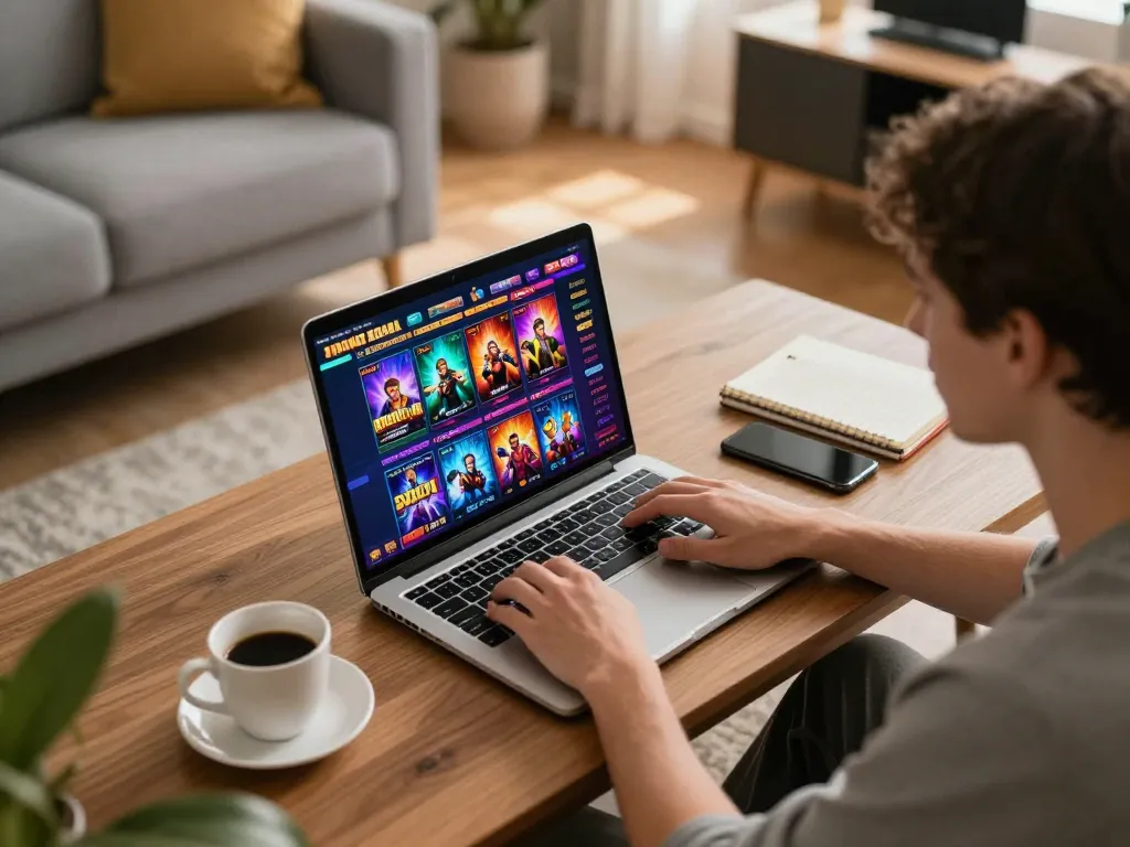 Engaging online gaming moment at home with okwin platform, showcasing vibrant game graphics
