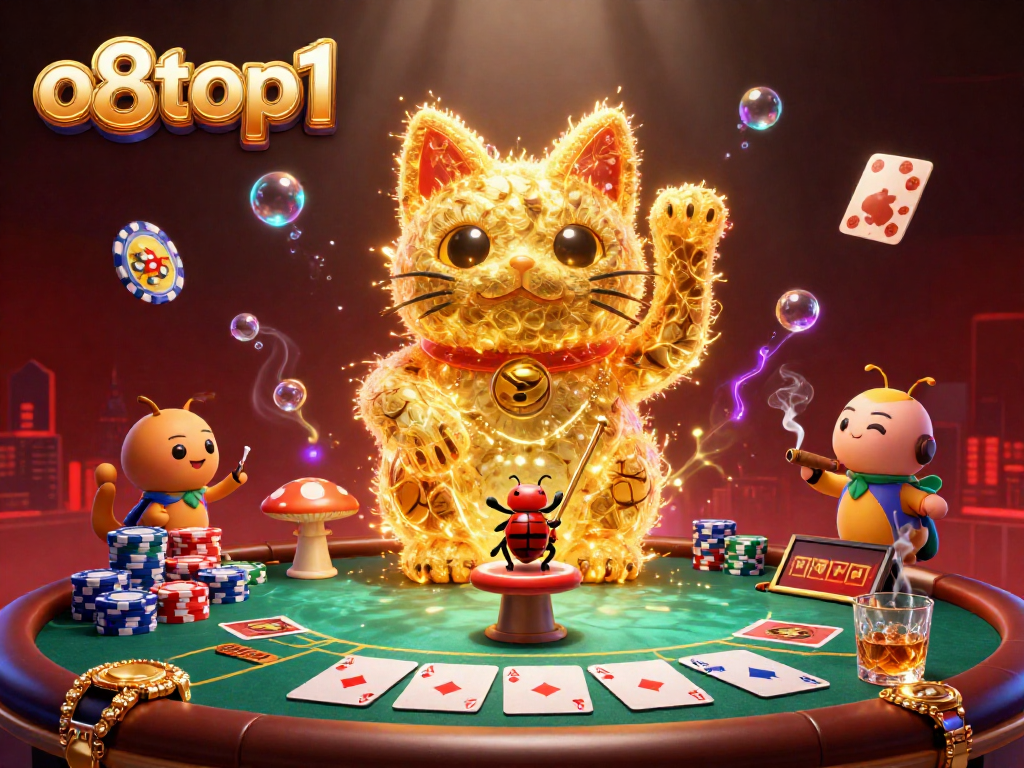 o8top1 showcases a golden cat and poker elements in a vibrant casino illustration.