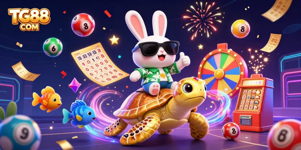 Engage with the excitement of TG88 COM as a lucky rabbit rides a golden turtle amidst vibrant lottery elements.