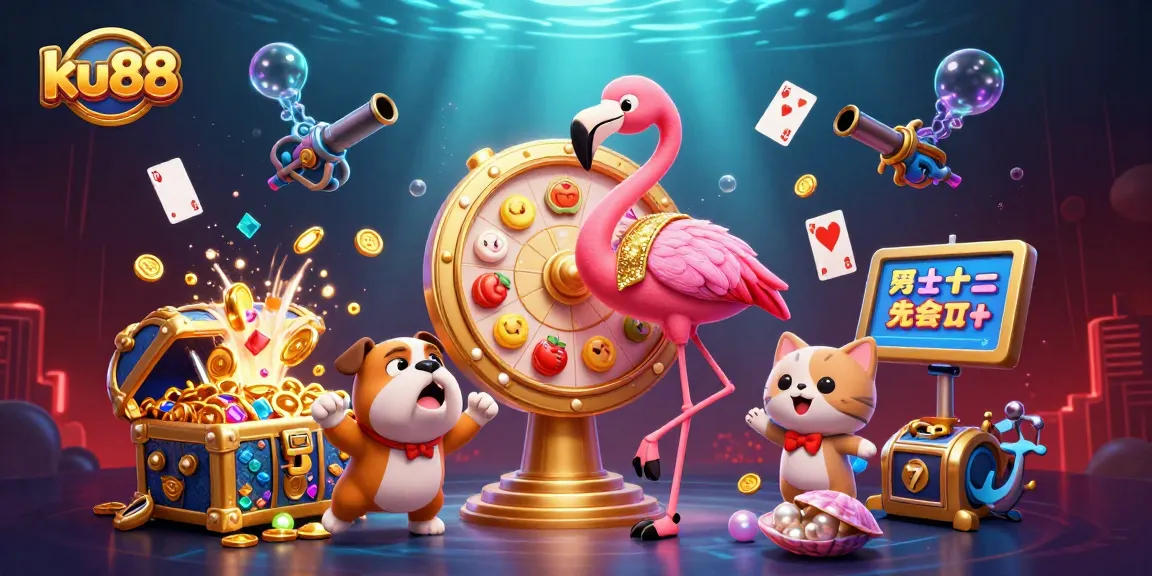 ku88 spins the prize wheel in an exciting casino scene with colorful gems and slot machines.