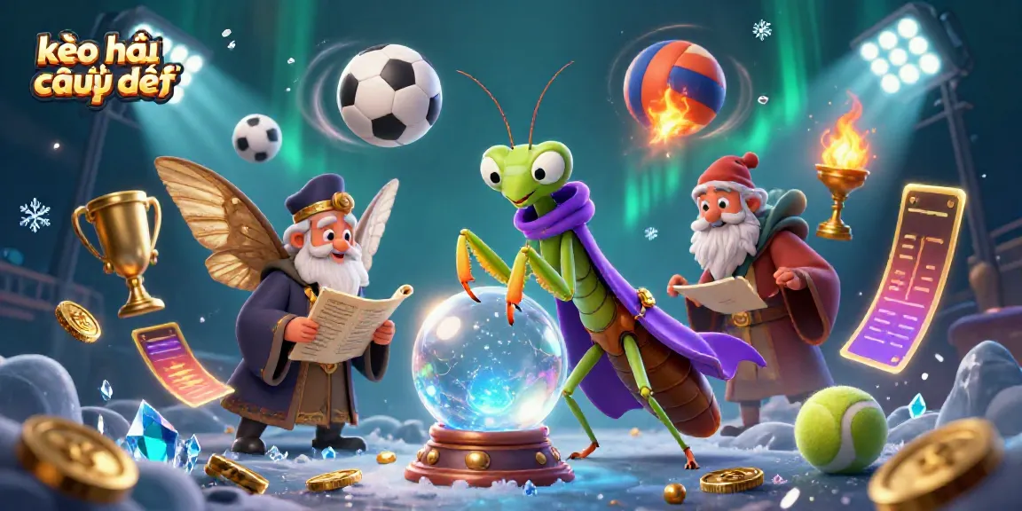 Experience kèo nhà cái trực tiếp with animated sports elements and mystical characters in a dynamic 3D scene.